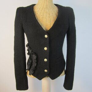 Five Plus Women XS /S Black Boiled Wool V Neck Crop Blazer Jacket Gold Buttons